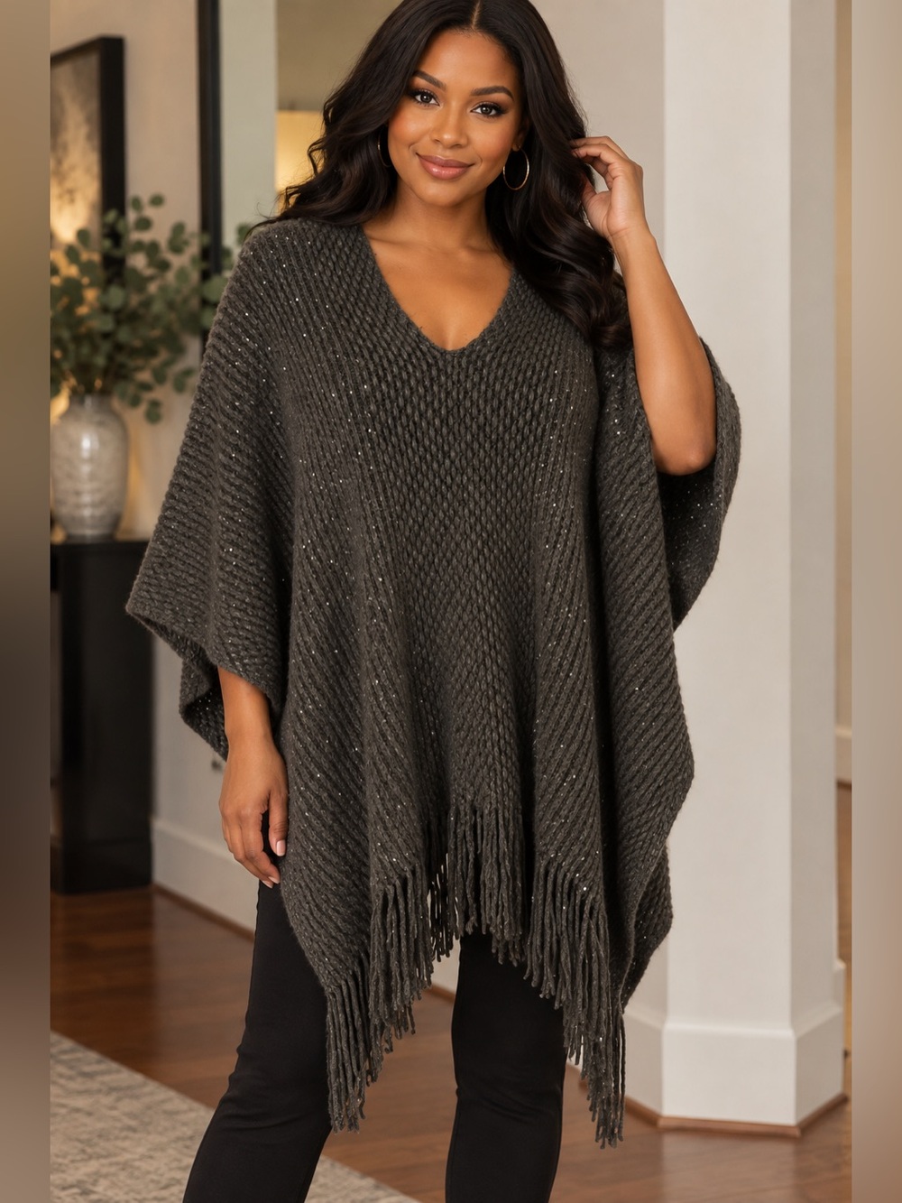 Lake Shore Drive gray cable knit poncho One Size Fits Most V neck sequins fringe